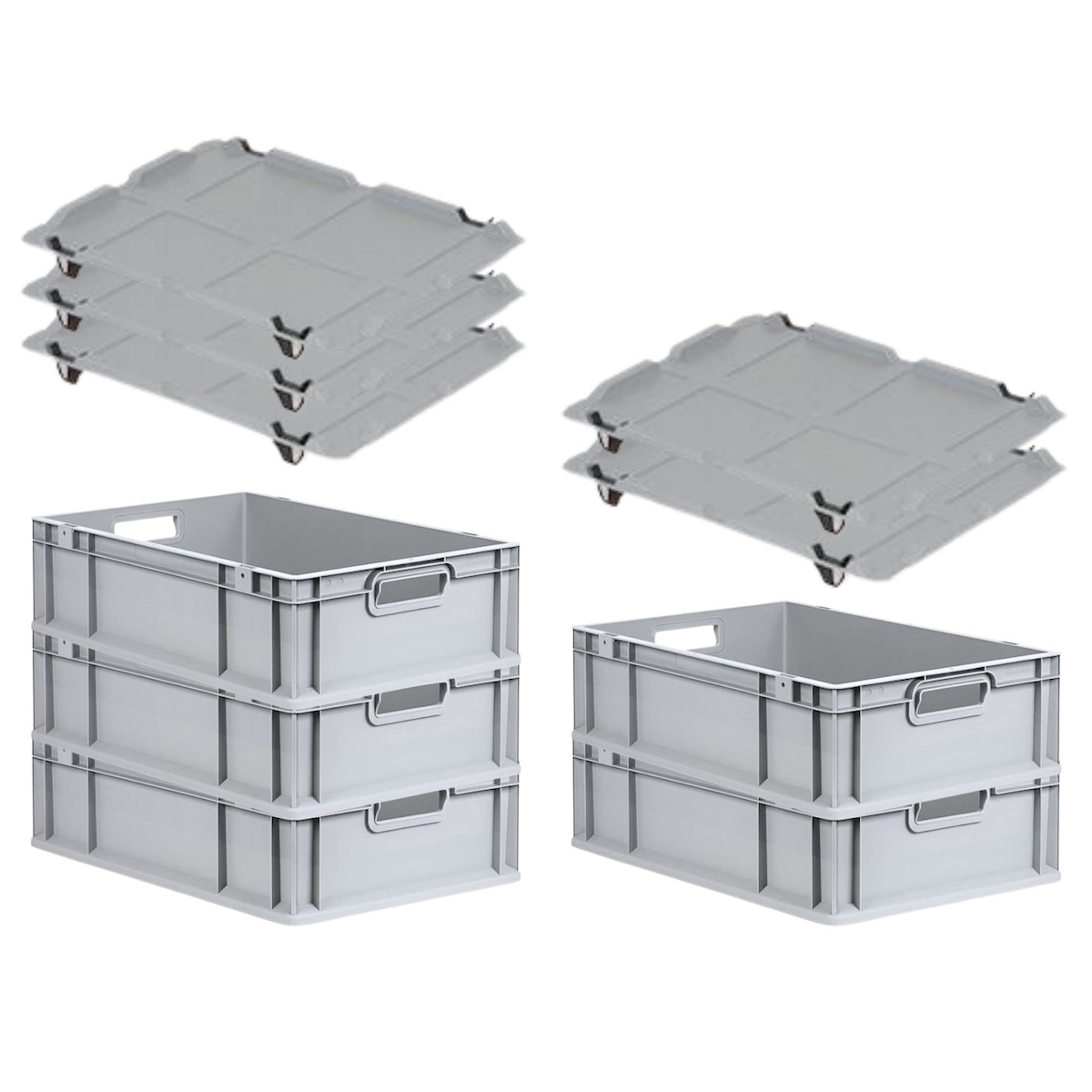 PROREGAL SuperSparSet 5x Eurobox NextGen Grip mit Auflagedeckel & 4 schwarzen Verschlüssen, HxBxT 17x40x60cm, 34L, Grau, Griffe offen, Eurobehälter Image