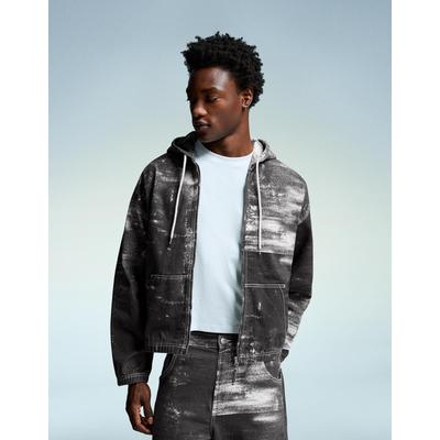 Bershka Printed Denim Jacket Men L Black