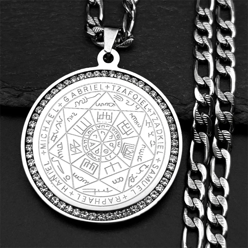 Sieben Erzengel Amulett Kristalle Edelstahl Halsketten Männer Siegel von Salomon Christian Hip Hop Schmuck Geschenk