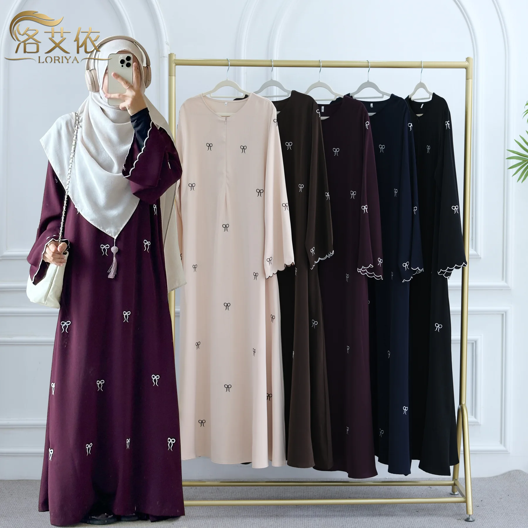 Muslimische Frauen Kleidung Lange Lose Maxi Kleid Dubai Nahen Osten Türkei Dubai Bogen Stickerei Kleid Abaya Robe Image