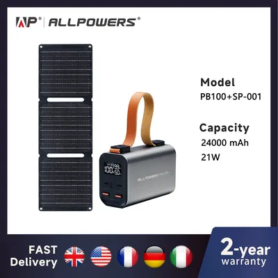 ALLPOWERS Power Bank PB 100 W Schnelllade-Powerbank mit 21 W Solarpanel, tragbares Ladegerät für Laptop, Telefon, Camping