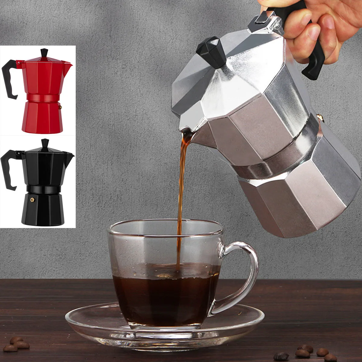 Cafetière Pot aluminium moka expresso percolateur Pot café bouilloire Cafetera maison extérieure cuisinière café outils argent rouge noir