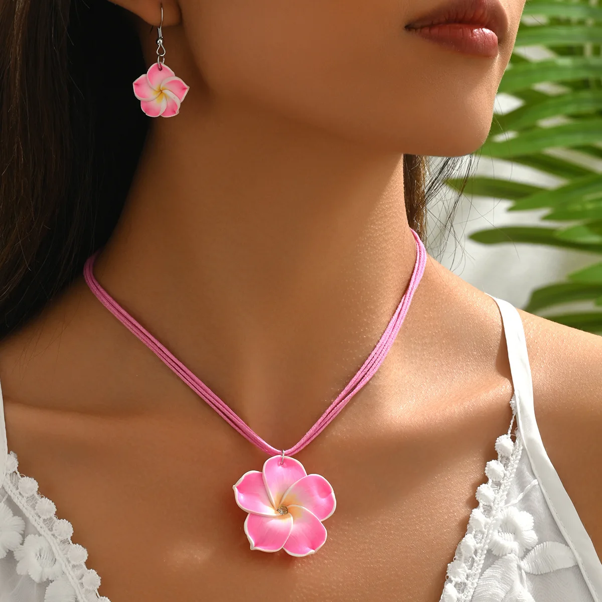 Böhmisches großes Blumen-geflochtenes Schmuckset für Frauen, rosa, rot, blau, Blumen, Halskette, Ohrringe, Mädchen, Sommer, Strand, Party-Schmuck Image
