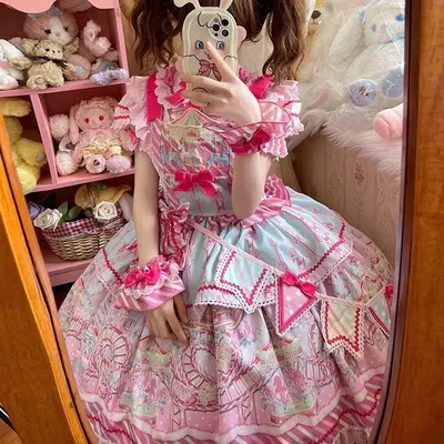 JSK Süßes Lolita-Kleid, niedliche Kawaii-Schleife, Cartoon-bedruckt, Prinzessinnenkleider, kurzärmeliges Hemd, KC-Zubehör-Sets für Damen-Outfit Image