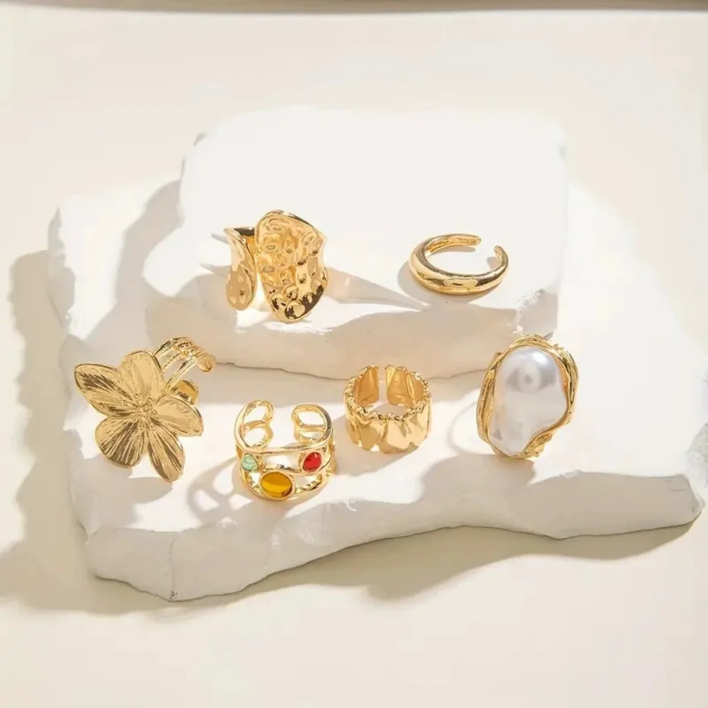 6PC Unregelmäßige Übertriebene Metall Blume Offene Ringe Frauen Elegante Barock Imitation Perle Ring Schmuck Zubehör Image