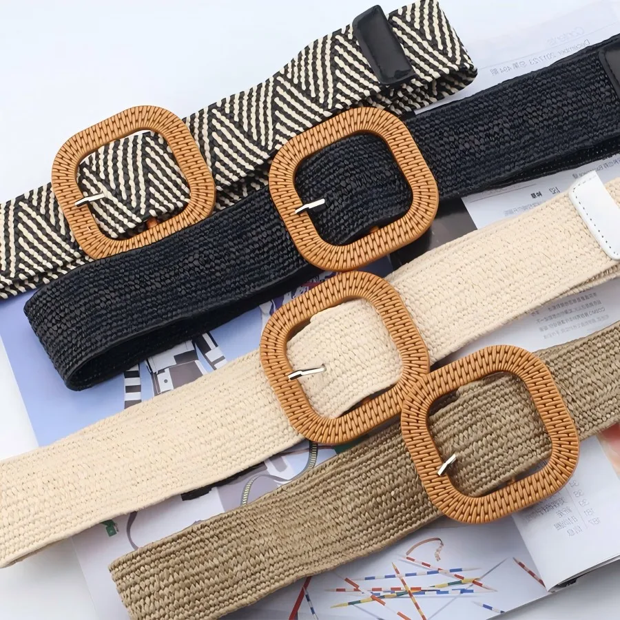 Gestreifter elastischer Bund für Damenmode, quadratische Schnalle, elastisches Weben, Bohemian-Stil, PP-Gras, breiter Bund Image