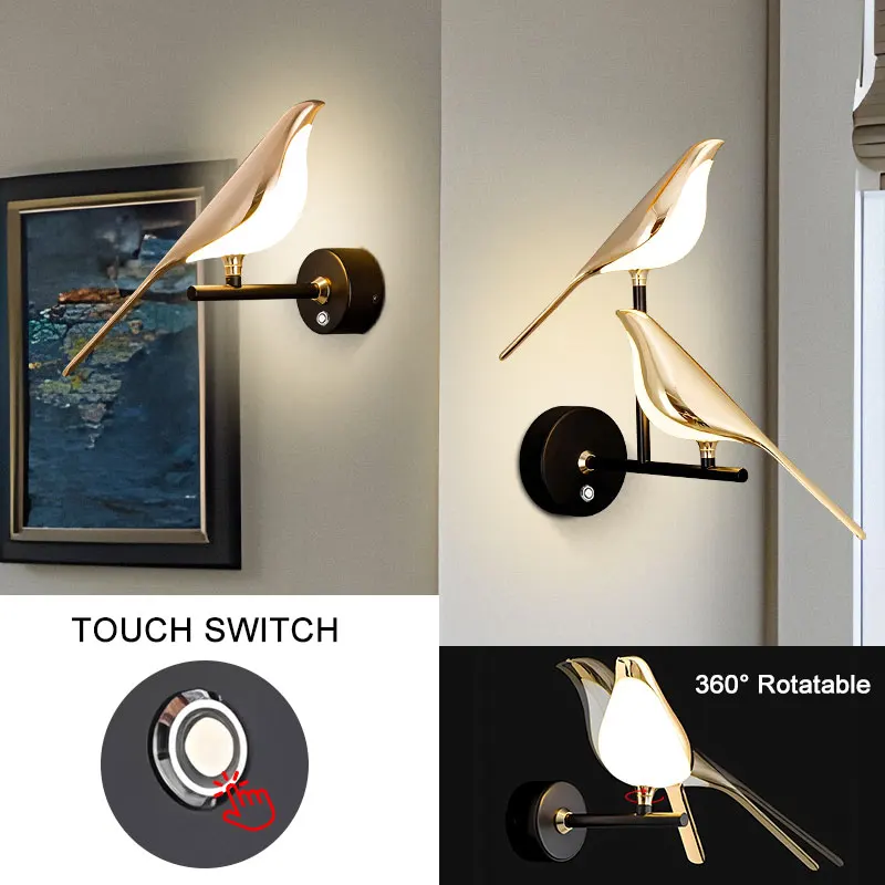 Elstervogel 360° ° Drehbare LED-Wandlampen, Dekor für Küche, Esszimmer, Touch-Schalter, EIN/AUS, LED-Wandleuchten, Wandleuchte