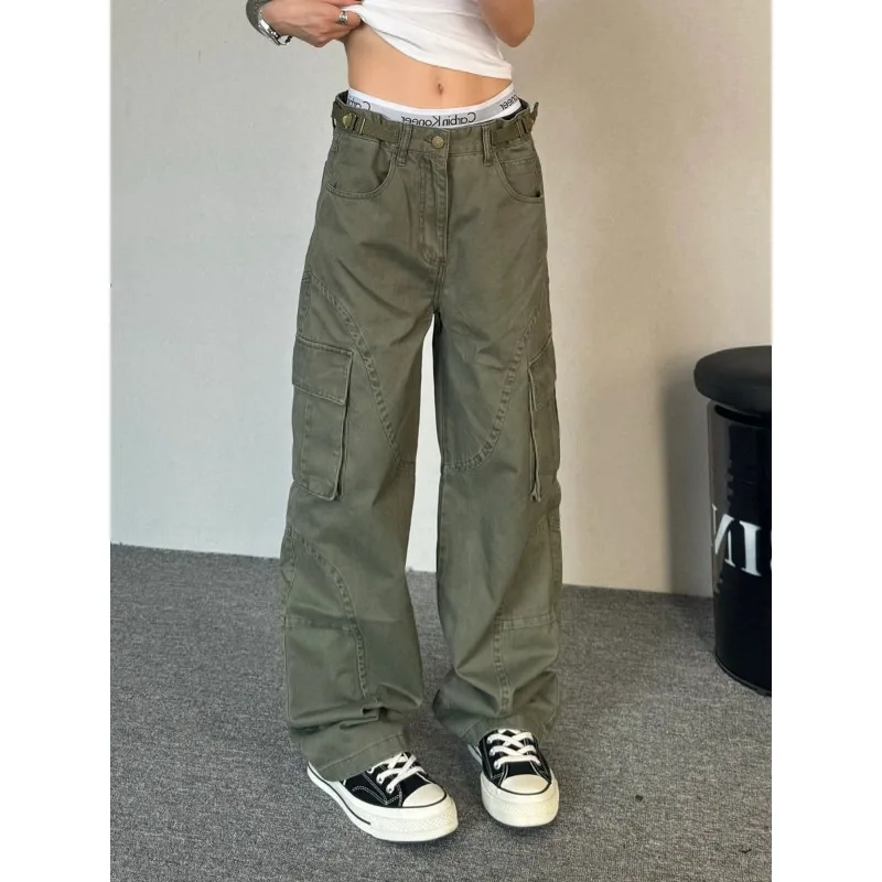 Deeptown Y2k Grün Vintage Cargo Hosen Frauen Harajuku Mehrere Taschen Koreanische Mode Denim Hosen Baggy Hip Hop Hosen Frühling