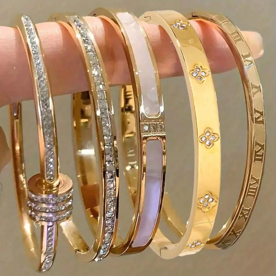 ZAKOL 5/1 Stück funkelndes Edelstahl-Armband-Set mit Zirkonia-Intarsien für Damen, stapelbare Armreifen, modisch, lichtecht, Schmuck, Geschenk Image