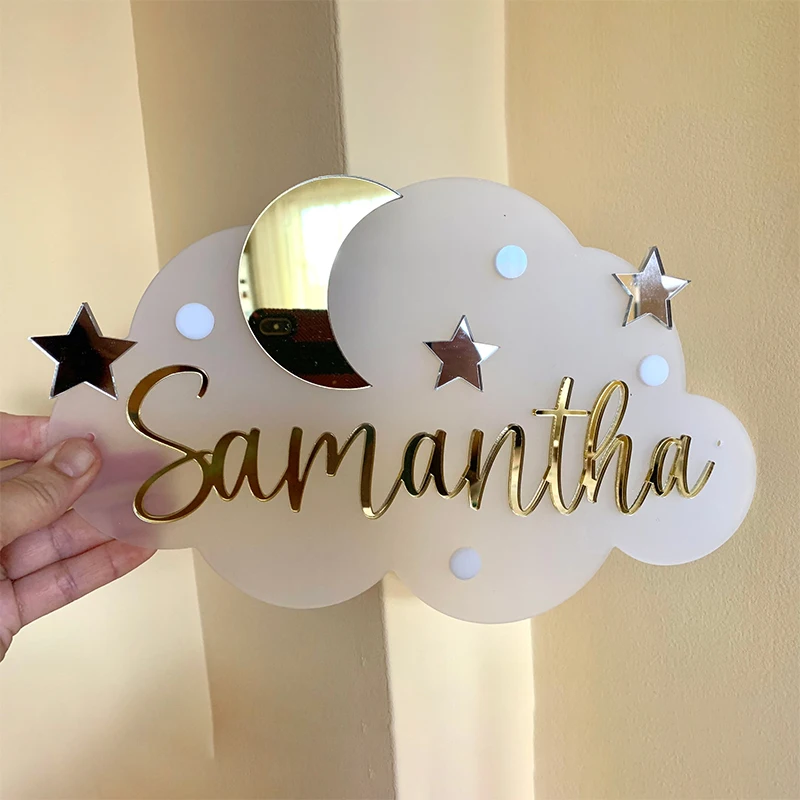 Baby-Namensschild mit individuellem Namen, personalisierte Schild für Kinderzimmer-Dekoration, Mond- und Sterne-Wolken-Namensschild, Babyparty-Geschenk Image