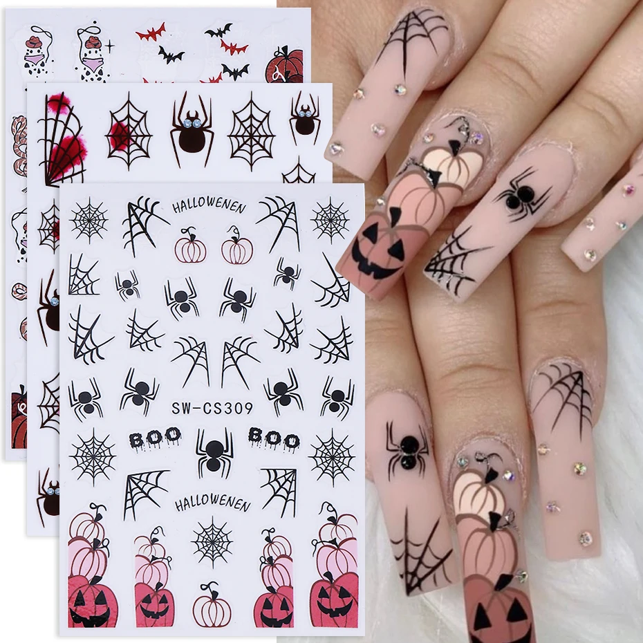 3 stücke Halloween Spinne Web Nagel Aufkleber 3D Selbstklebende Cartoon Geist Spinne Fledermaus Kürbis Nagel Aufkleber DIY Maniküre Dekoration Image