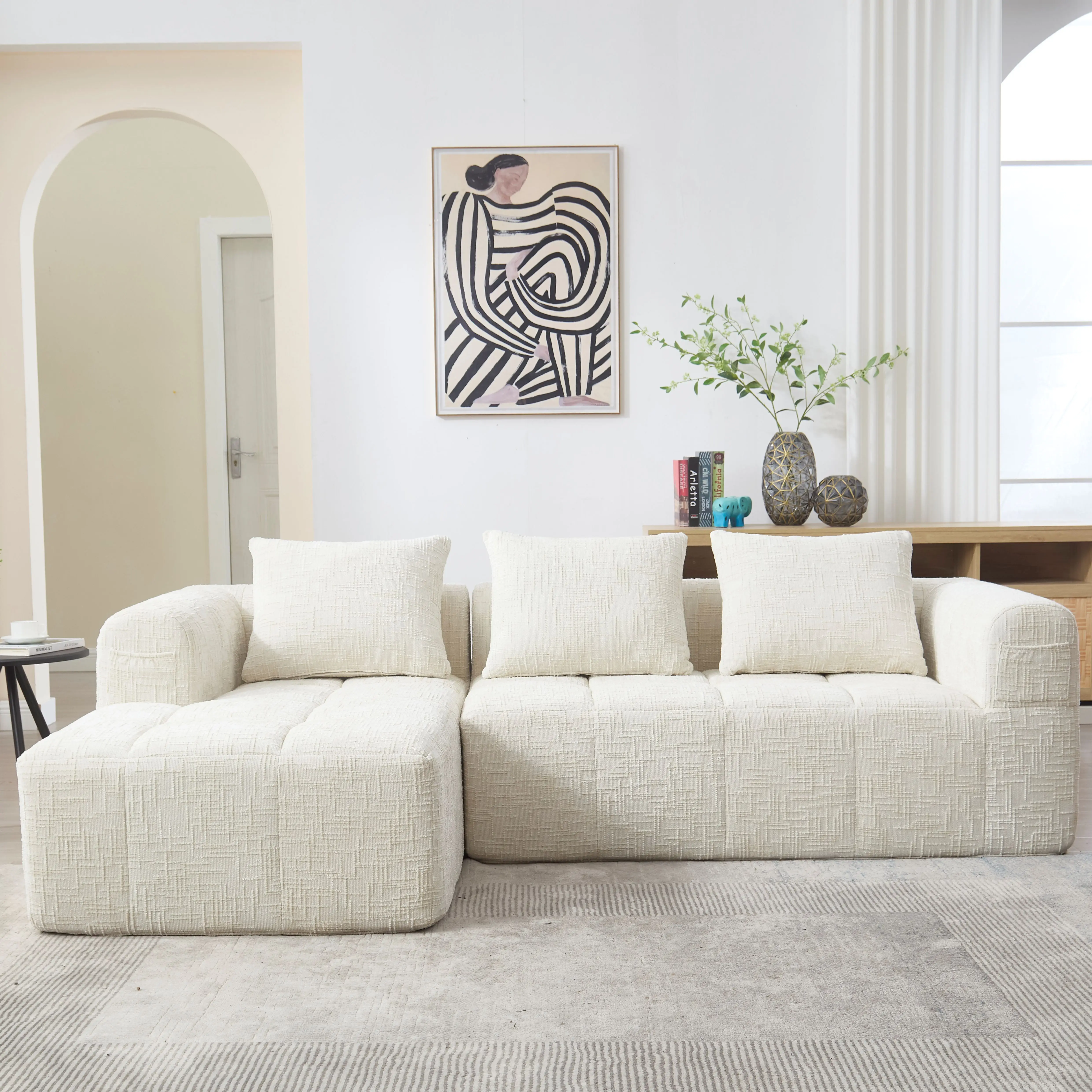 LVHOM Modernes modulares L-förmiges 3-Sitzer-Sofa mit Chaiselongue, großes weiches Chenille-Sofa mit 3 Kissen und Seitentasche,