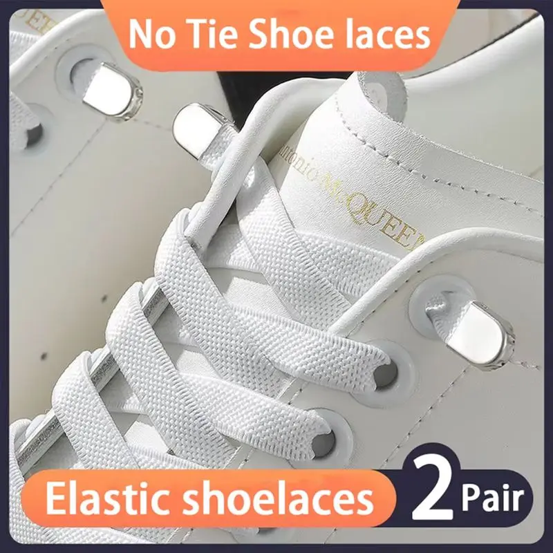 2 Paar elastische Schnürsenkel für Sneakers, ohne Krawatte, 8 mm breit, flache Schnürsenkel, Schnellschuhzubehör für Kinder und Erwachsene Image