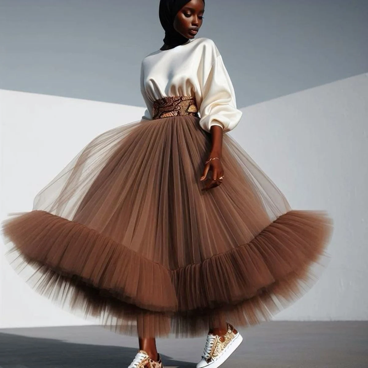 Wunderschöne Tüll-Tutu-Röcke, elastische Taille, A-Linie, Rüschen, langer Rock für Damen, formelle Kleidung, Mädchen-Geburtstagsparty-Rock Image