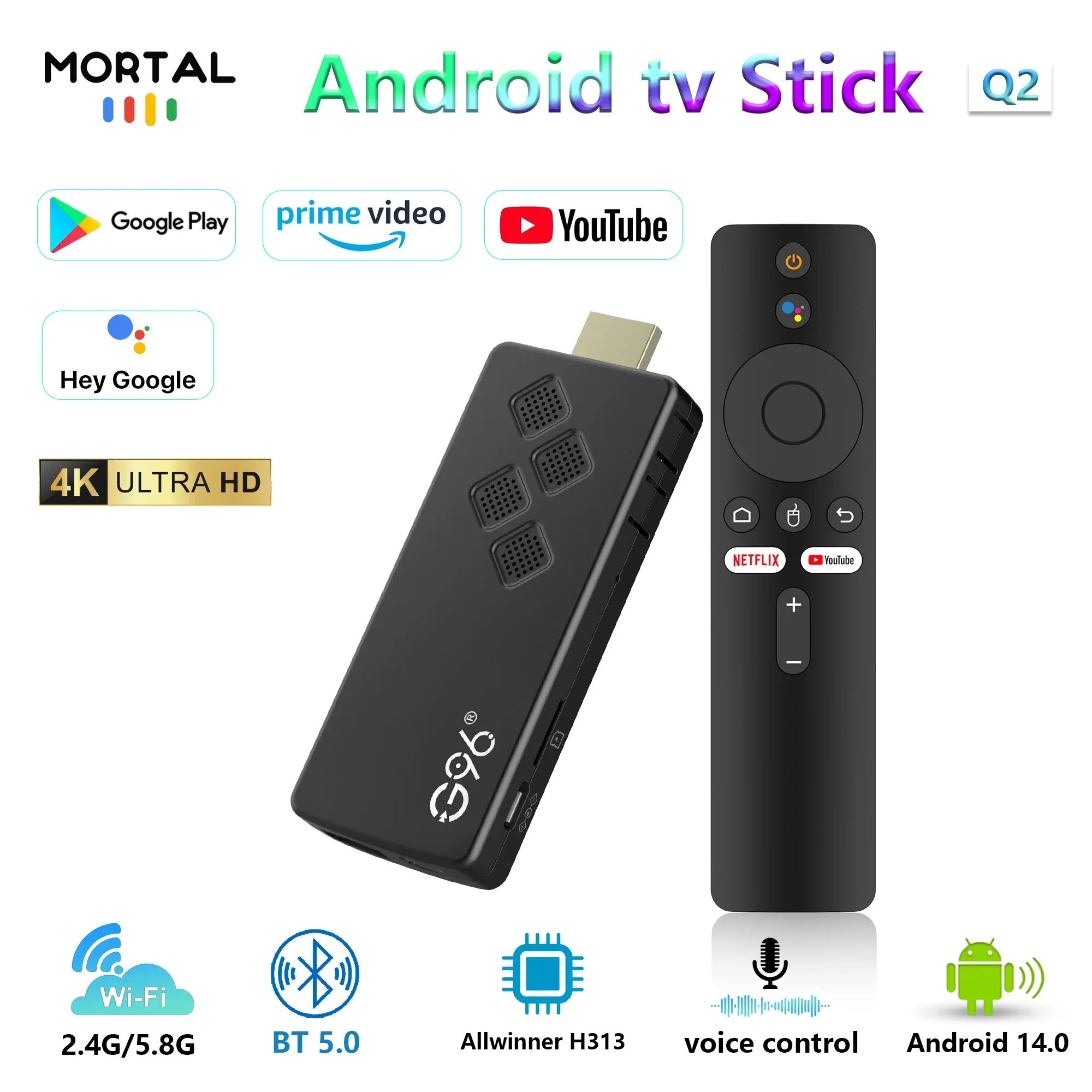 Smart Android TV G96 TV Stick Android 14 Q2 4K Allwinner Google Voice H313 Wifi6 HDR 10 BT5.0 NETFLIX Games Media Player Box