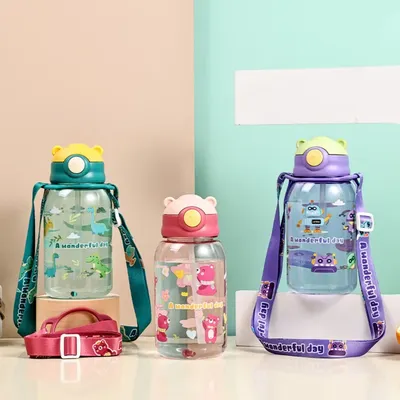 Cartoon Bear Strap Water Cup Primary School Student Suction Nozzle Water Bottle Plastic Gift Cup Portable Carrying Water Cup