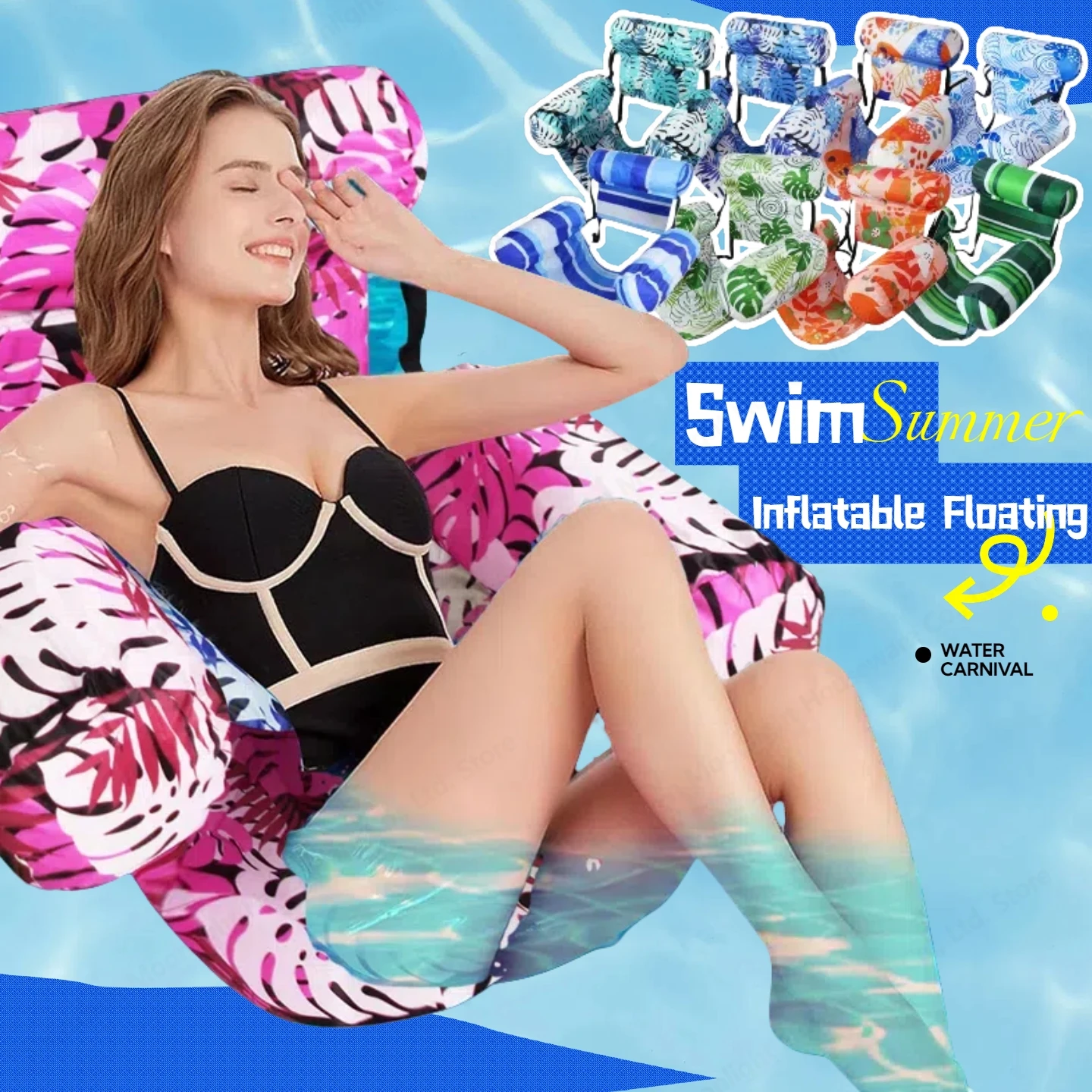 Aufblasbarer Pool-Schwimmer, schwimmender Liegestuhl, auslaufsicherer Pool-Lounge-Schwimmer mit Arm und Rückenlehne, Wasser-Hängematte für Pool, See, Strand Image