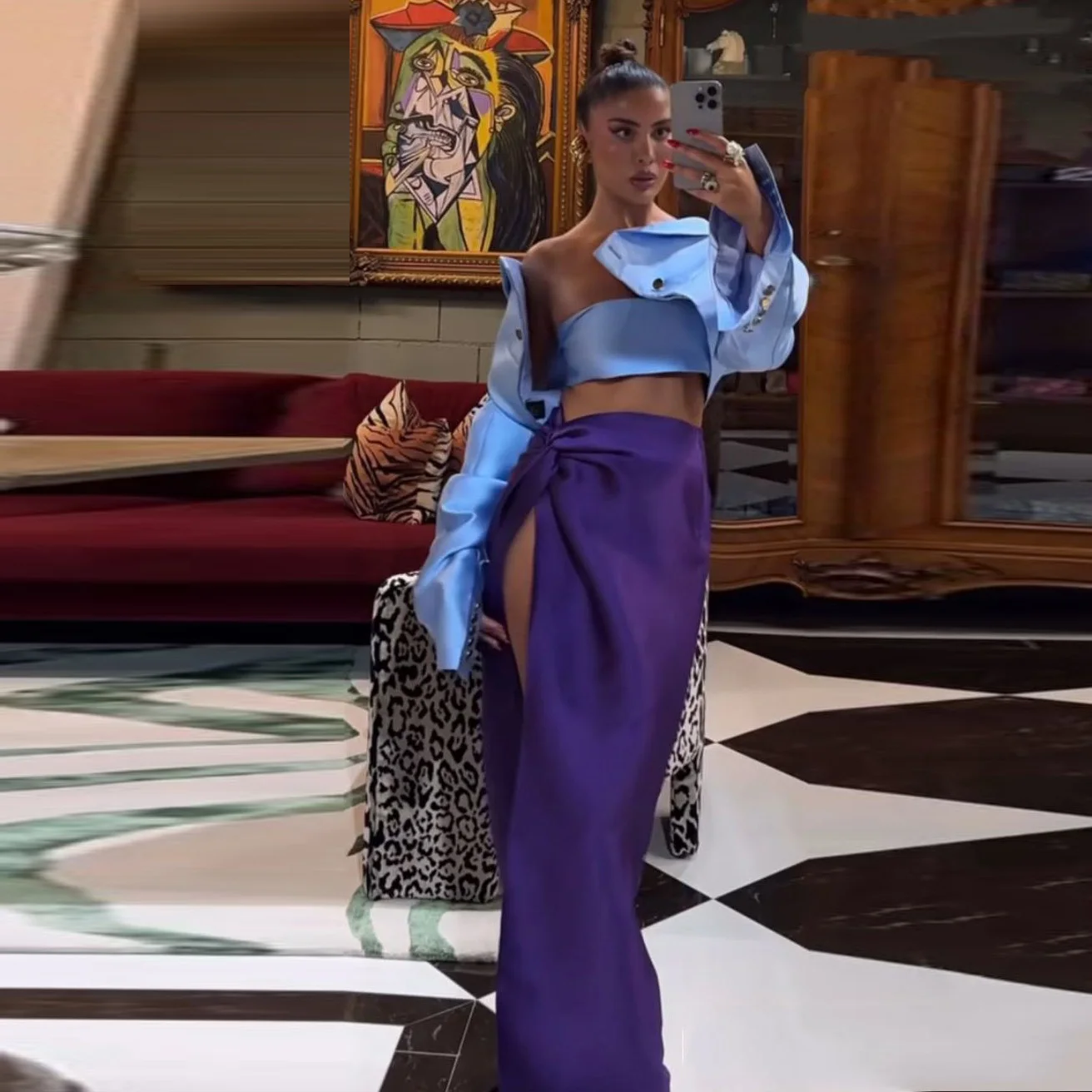 Neue Sexy Röcke Hohe Split Drapierte Frauen Rock Lila Zipper Satin Langen Rock Gerade Plissee Nach Maß Image