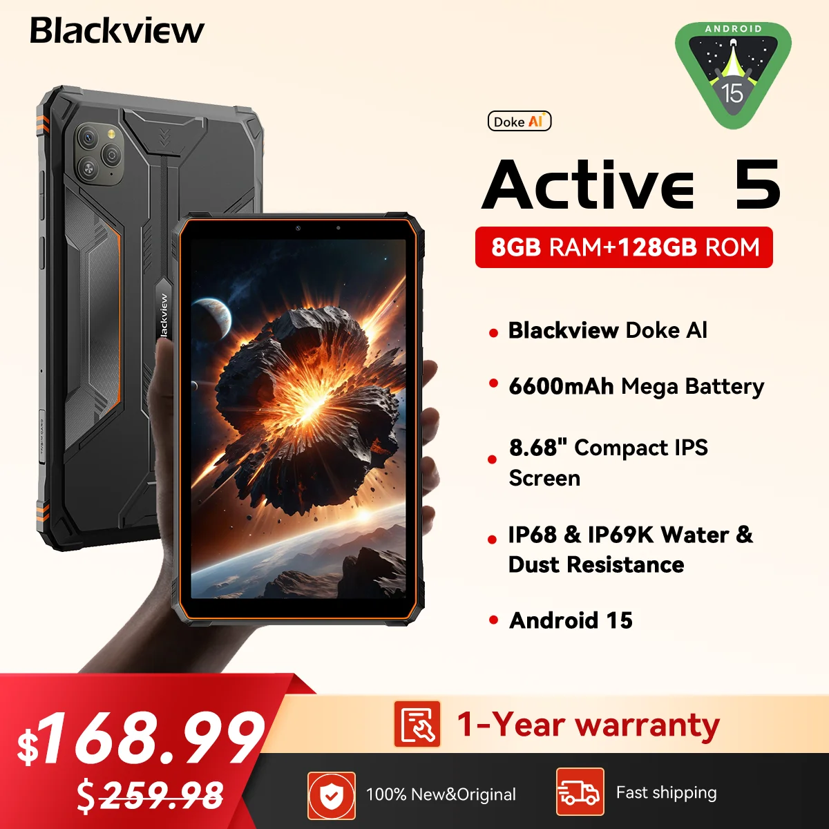 Blackview Active 5 8,68'' robuster Tablet-PC, Unisoc T615 Octa Core, 8 GB + 128 GB, 6600 mAh Akku Android 15, Mini Pad, globale Version Image