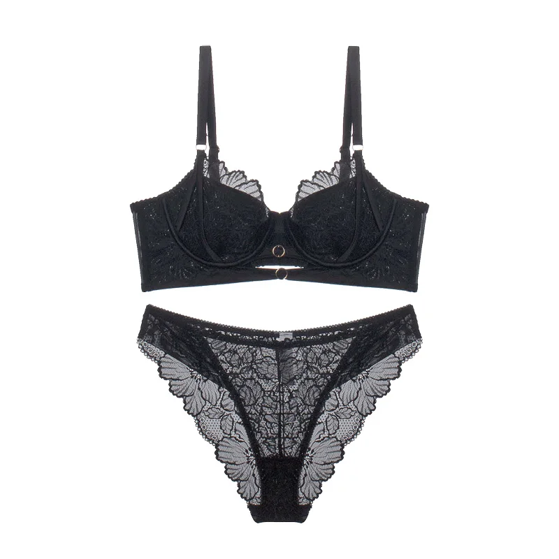 Französisches Spitzen-Bügel-BH-Set, Push-Up – transparente, dünne Körbchen, zartes Bralette für kleine Brüste, sexy, zartes Höschen-Träger-Dessous-Set