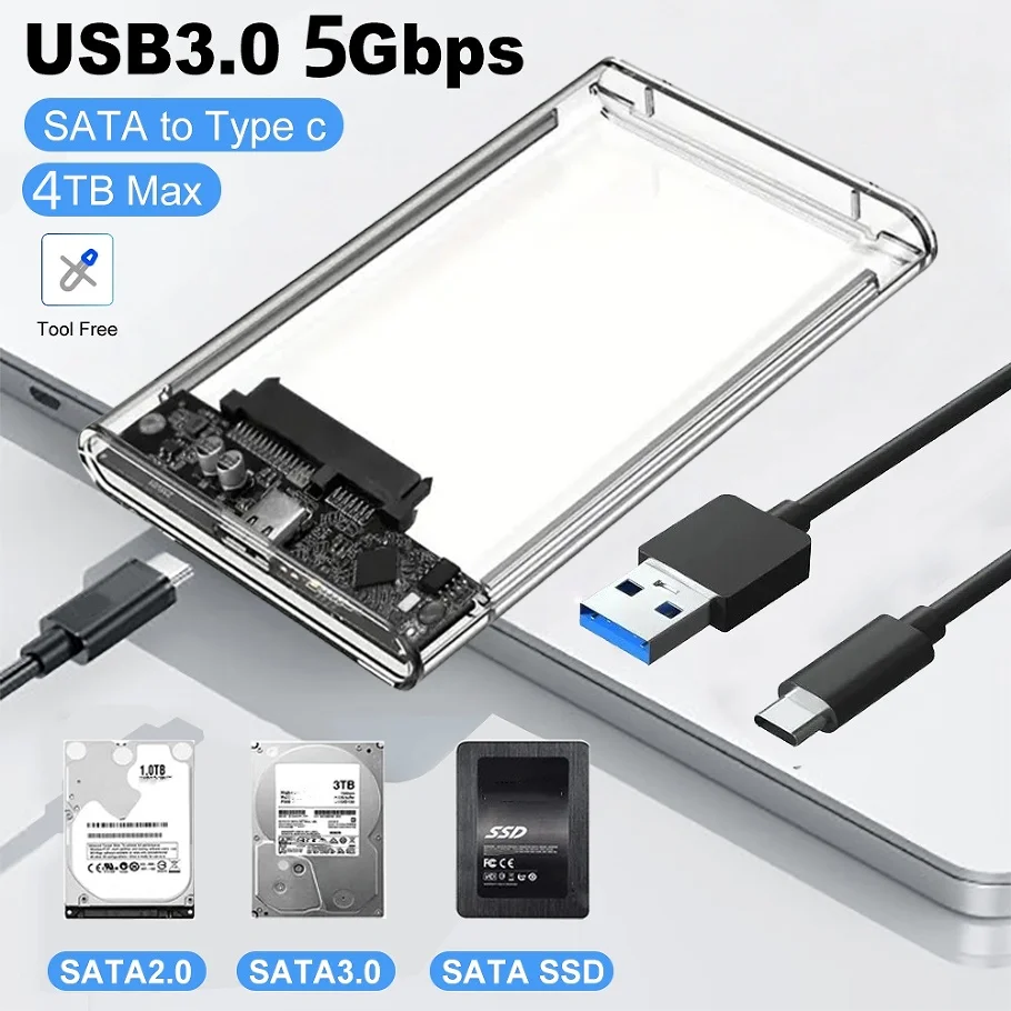 2,5-Zoll-Festplattengehäuse USB 3.0/Typ C auf SATA III. Klare externe Festplattengehäuse für 2,5-Zoll-SATA-SSD-HDD-Unterstützung UASP Image