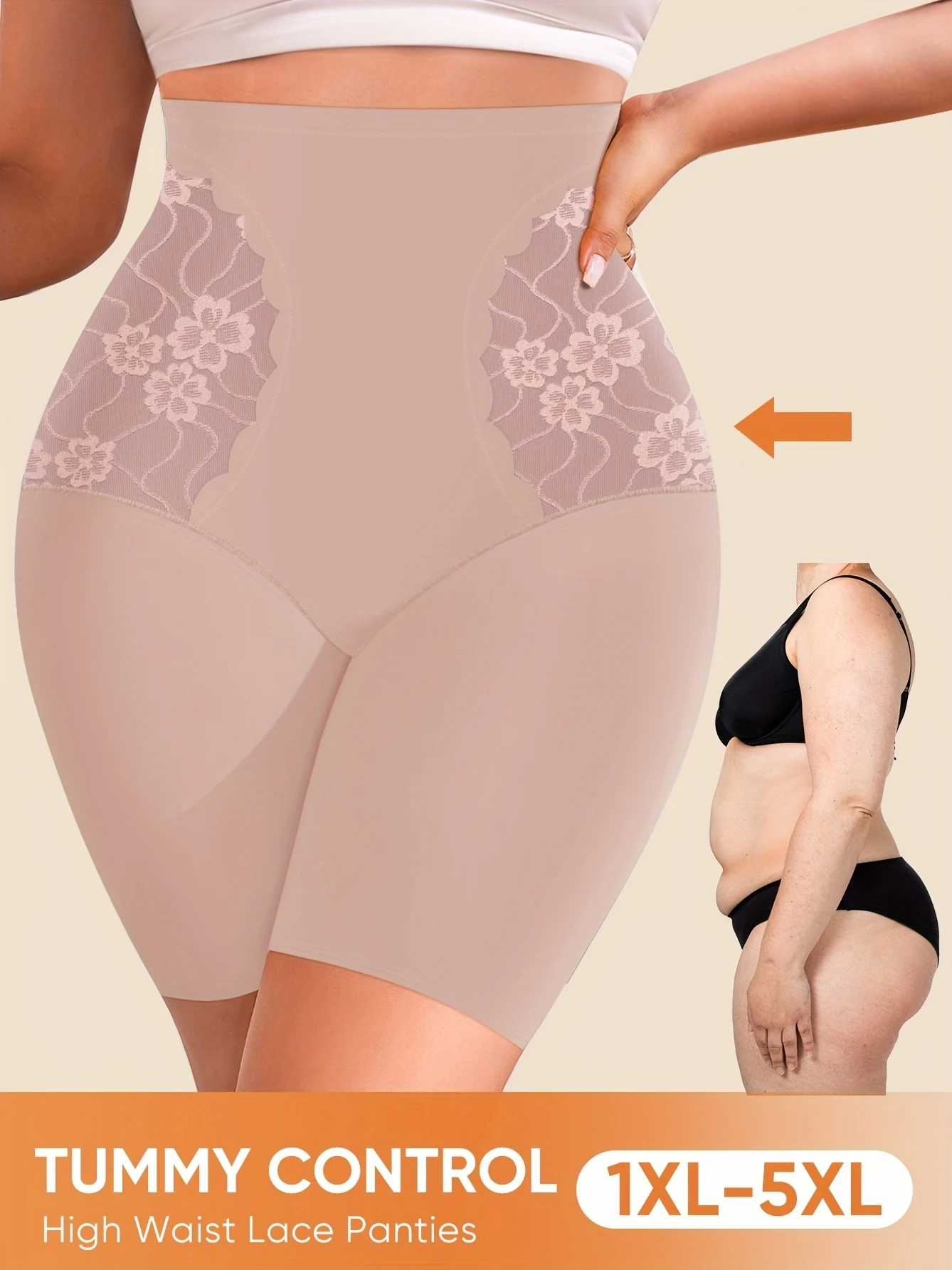 Hoch taillierte Bauchkontrollunterwäsche in Übergröße – 1 Stück XL-5XL atmungsaktive Mesh-Höschen aus Nylon/Elastan-Mischung mit Spitzenbesatz und Image