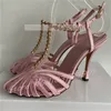 Caged Toe Kristalle Sandalen Frauen Mode T-Strap Rosa Satin Runde Kappe Schnalle High Heels Schuhe Weibliche Elegante Stiletto sandalen
