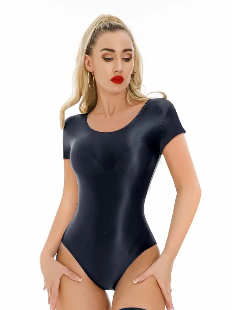 M-XL Kurzarm glänzend glänzend Body High Cut Badeanzug Strumpfhosen elastische Sexy Body Teddies transparente Bademode Trikot Ganzanzug Image