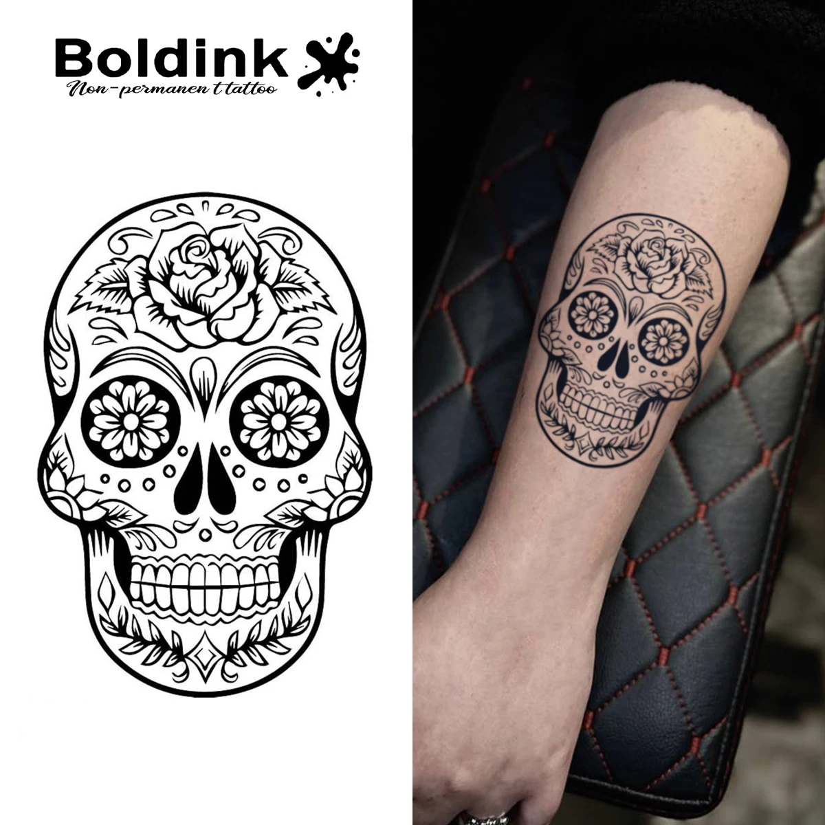 Boldink nicht permanente Tattoo-Technologie, zuckerschädel inspiriertes Design Day of the Dead Tattoo, wasserfest für 1–2 Wochen. Image