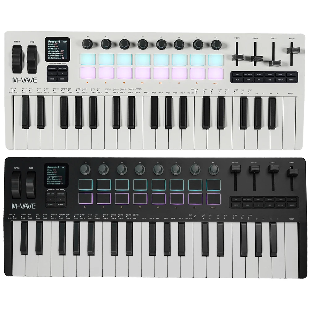 M-VAVE SMK-37 PRO 37-Tasten-MIDI-Controller mit 16 RGB-Pads, 8 Knöpfe, integrierter Synthesizer, tragbare Tastatur, digitaler Controller Image