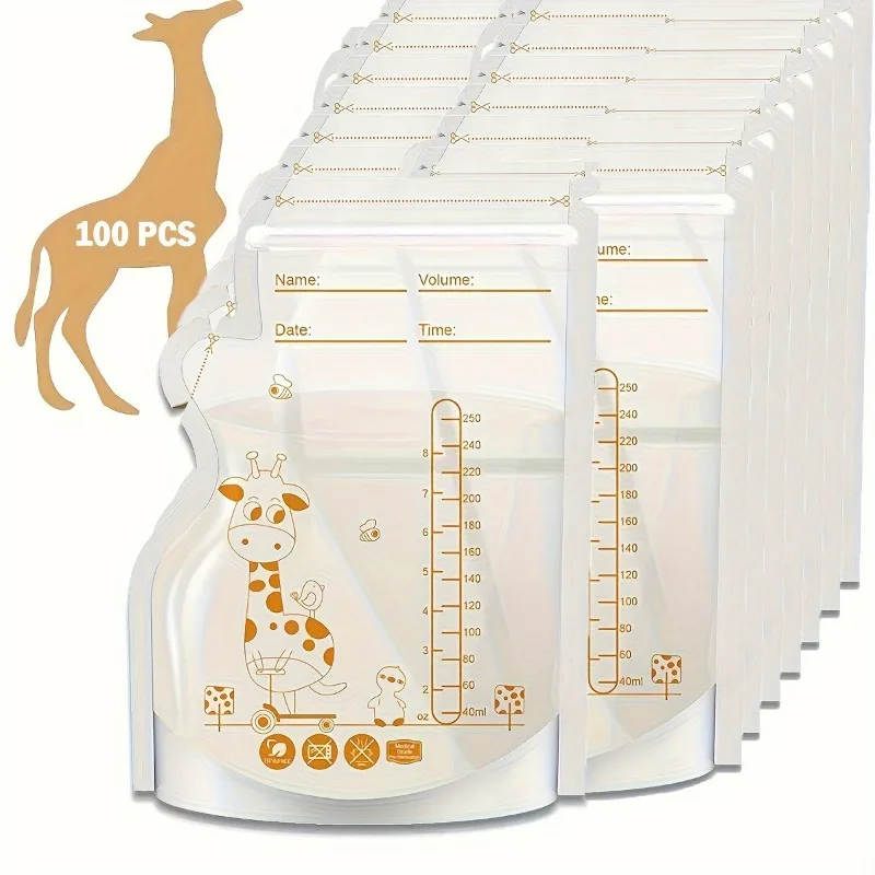 100 Stück 8 Unzen Muttermilch-Aufbewahrungsbeutel, Ausgießer, transparent, flach, platzsparend, einfache Ausgießorganisation für stillende Mütter, transparent Image