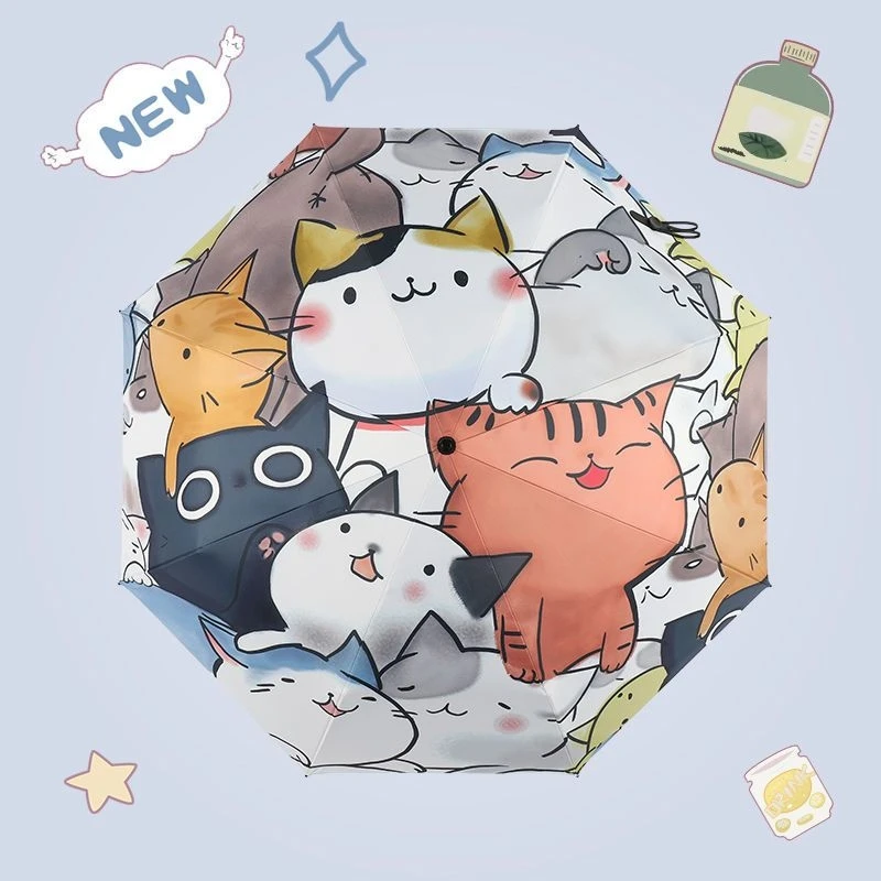 Cartoon süßer Katzen-Regenschirm, Sommer-Essential, faltbar, dreifach, automatisch öffnender Regenschirm für Studenten, Sonne, Regen, doppelter Verwendungszweck Image