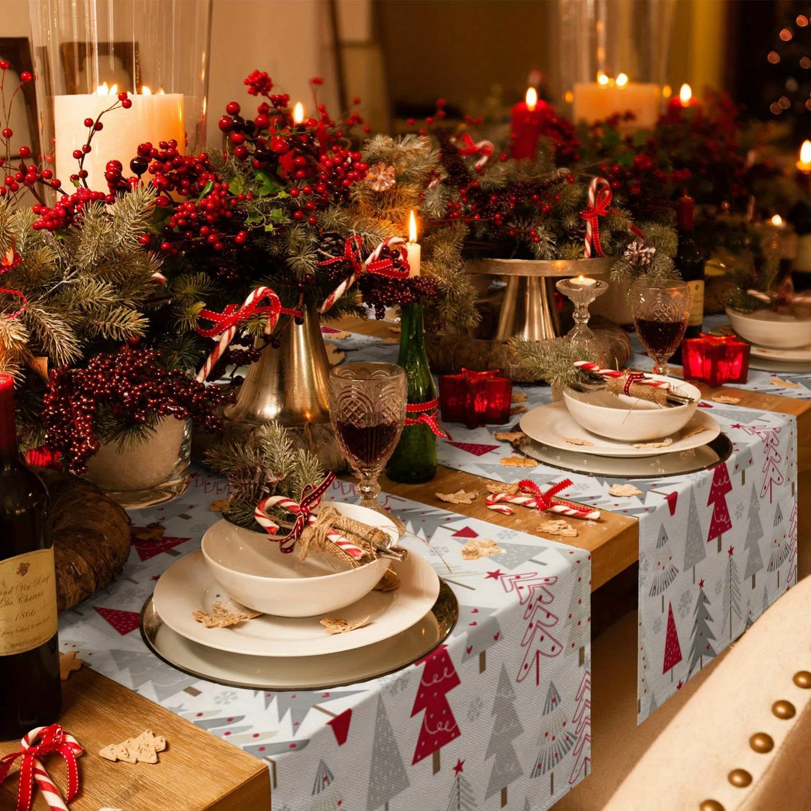 VIKAMA Frohe Weihnachten, Halloween, lustiger Tischläufer, rote Schneeflocke, waschbar, Abendessen, Geburtstag, Urlaub, Dekoration, Heimdekoration Image