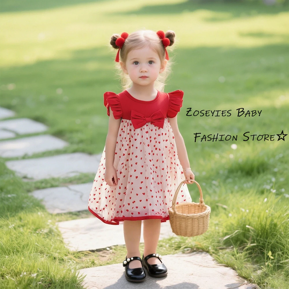 Mädchen Kleid Sommer Voller Druck Herz Mesh Cap ärmeln Baby Mädchen Kleid Nette Schleife Mädchen Prinzessin Kleid Baby Mädchen Kleidung Image