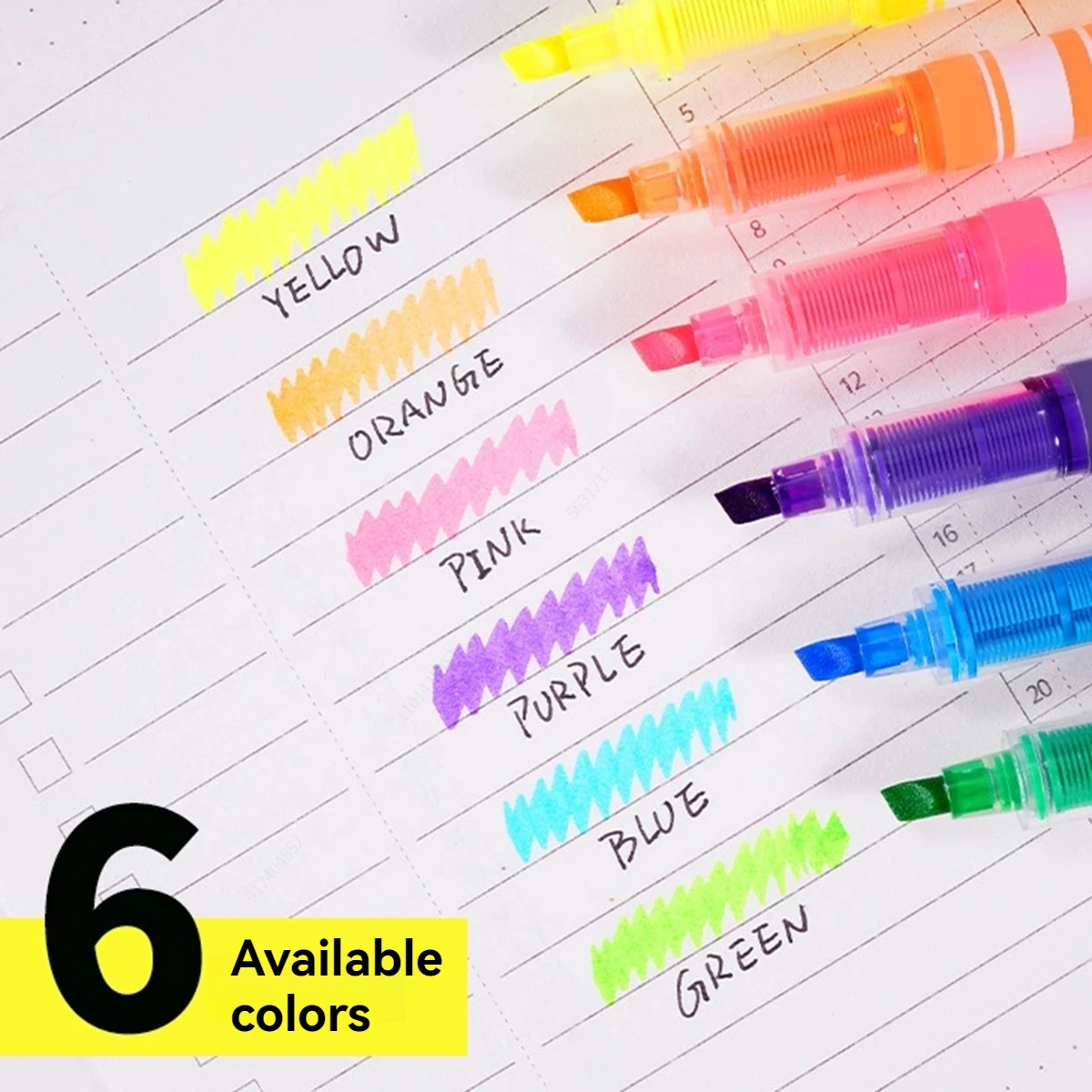 6 Stück/Set Textmarker, automatisches Tintenkontrollsystem, großes Fassungsvermögen, Meißelspitze, Kawaii-Briefpapier, Schule, Bürobedarf, Schreiben Image