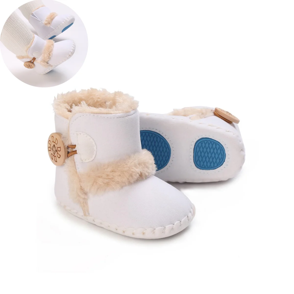 Weiße Baby Herbst Winter Stiefel Baby Mädchen Jungen Winter Warme Schuhe Solide Mode Kleinkind Fuzzy Bälle Erste Wanderer Kind Schuhe 0-18M Image