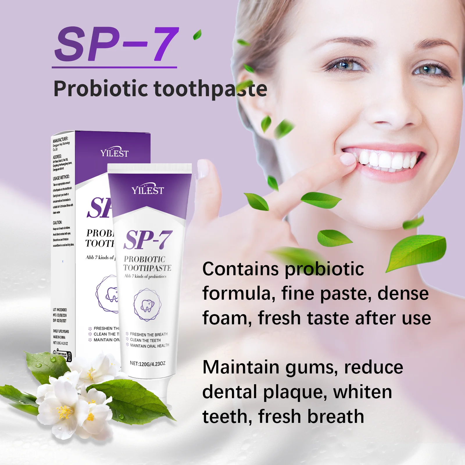 SP-7 Probiotische Zahnpasta, Zahnaufhellung, Plaque-Flecken entfernen, Mundhygiene, sauber, frischer Atem, schützt Zahnfleisch, Zahnpflegeprodukte, 120 g Image