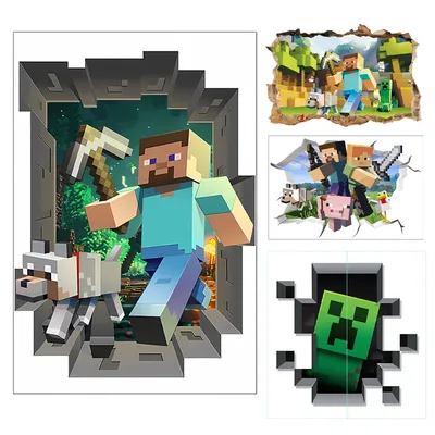 Minecraft Steve Wandaufkleber Anime Room Decor 3D Pixel Art Wallpapers Break Through The Fourth Wall Kreative Aufkleber Dekoration Image