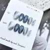 10 Stück/Beutel, dunkelblau, grau, mit Wischeneffekt, Silber, Chrom, handgefertigt, zum Aufdrücken der Nägel, Größe M/S, kurz, oval, vollständige Abdeckung, künstliche Nägel