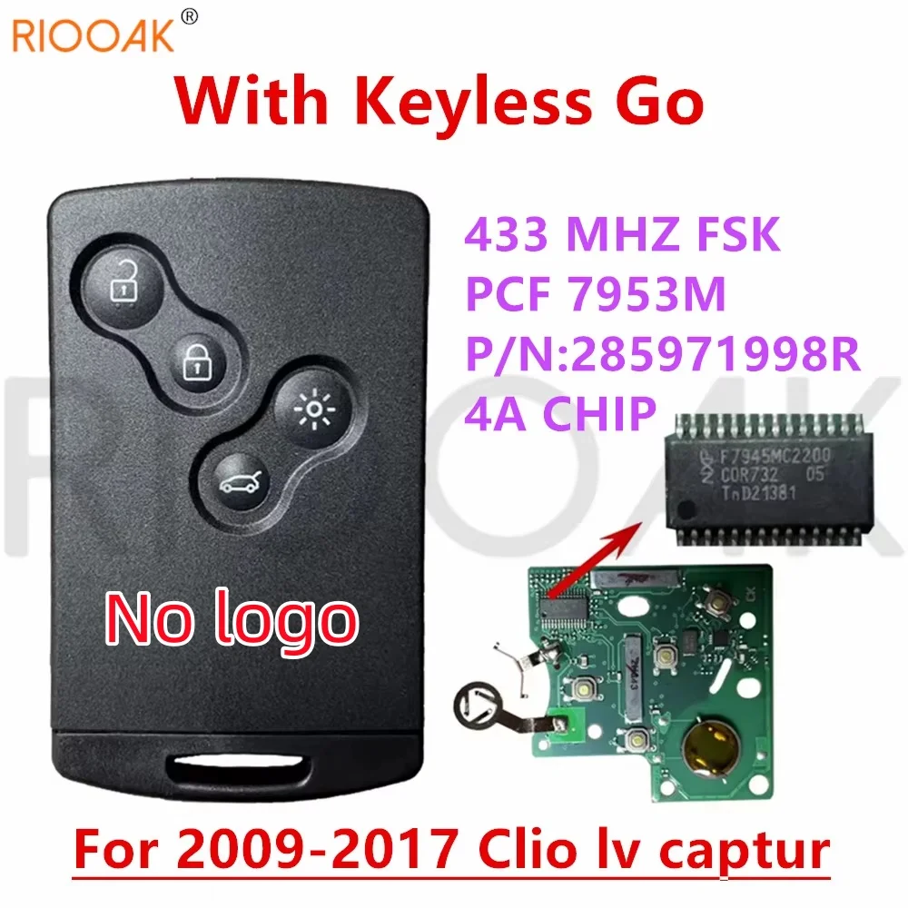 Kein Logo für Renault 7953 2009–2017 Renault Clio IV Captur OEM 285971998R 433 MHz 4A Chip Keyless Smart Key Image