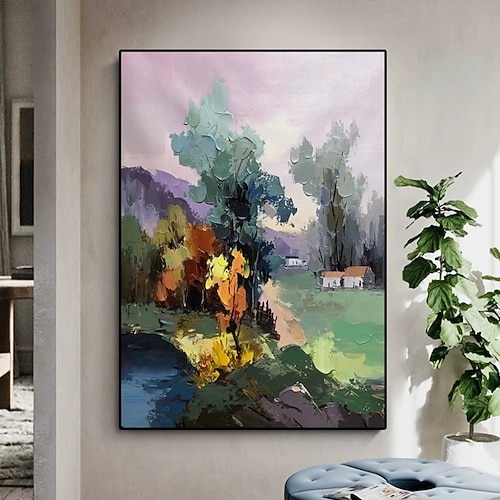 handgefertigtes Ölgemälde auf Leinwand, Wandkunst, Dekoration, abstrakter Eindruck, Dorflandschaft, ländliche Landschaft für die Inneneinrichtung, gerollt, rahmenlos, ungedehntes Gemälde Image