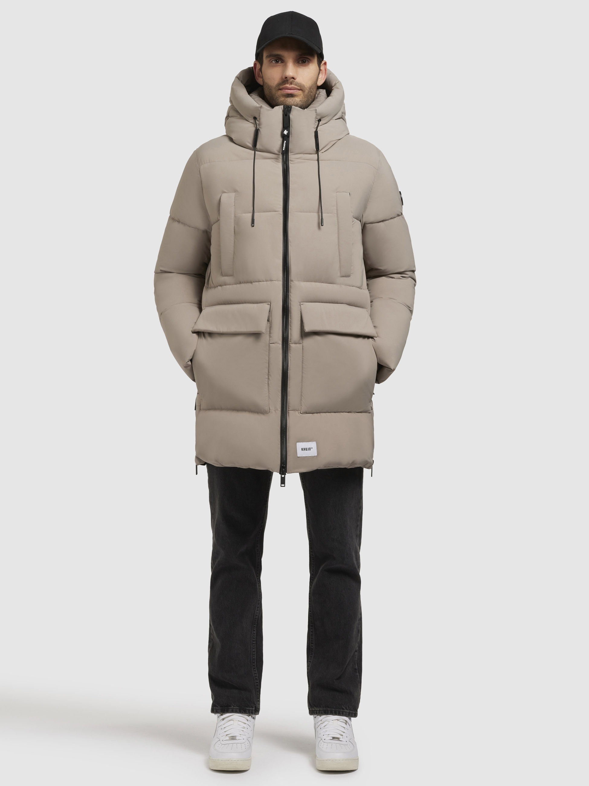 Steppmantel KHUJO "WELM MATT", Herren, Gr. M, beige (graubeige), 100% Polyester, unifarben, Casual, loose fit Po-bedeckend, Mäntel