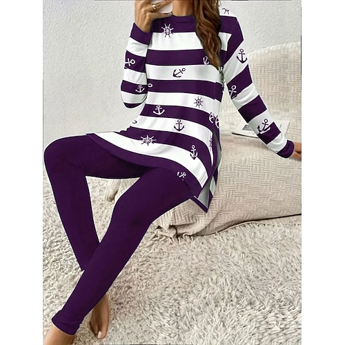 Set di pigiami da donna Pigiama Loungewear Collo rotondo Maniche lunghe Casual Moda Set di pantaloni Collo a giro Stampa grafica a righe Quotidiano Blu navy Viola Verde Fit regolare