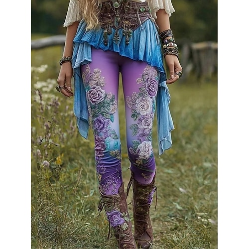 Frauen 3D Druck Leggings Urlaub Vintage Mode Voll Längs Hohe Taille Hosen Karneval Floral Grafik Druck Thermisch Warm Weich Atembar Elastisch Urlaub Straße Grau Grün Amethyst Pink Gelb Image