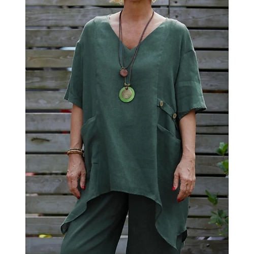 Damen Hemd Leinen-inspirierte Hemden Bluse Asymmetrisch Einfach Modern Lässig Halbarm V Ausschnitt Normale Oberteile Täglich Ausgehen Weiß Rote Grün Aprikose Sommer Image