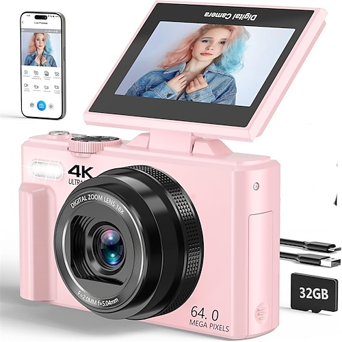 4K Digitalkamera für Fotografie 64MP Vlogging Kamera für YouTube mit 3 180 Drehbildschirm 18X Digitalzoom Punkt und Shoot Kamera mit 32GB Micro SD Karte für Anfänger Valentinstagsgeschenk Image