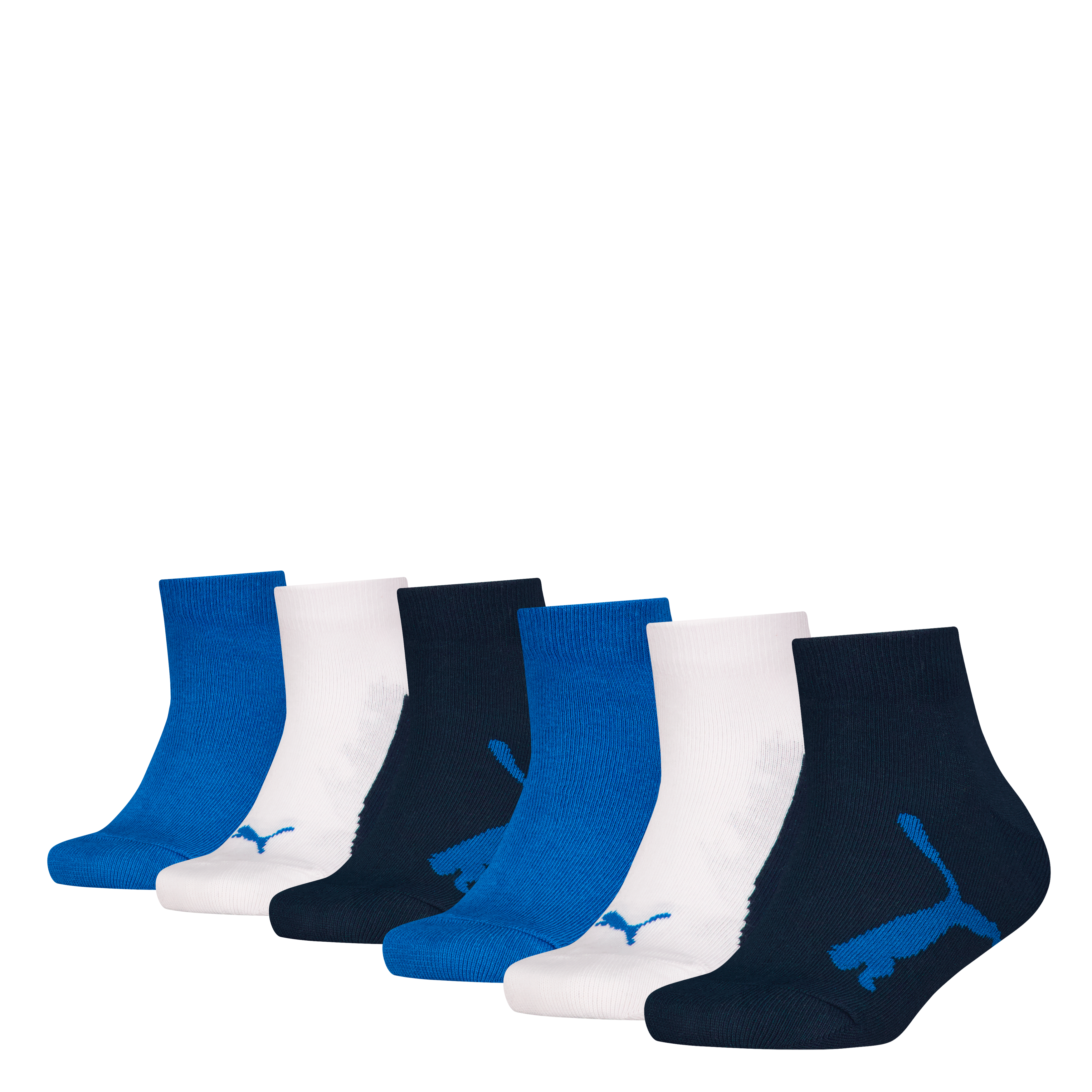 Kurzsocken PUMA "PUMA KIDS BWT QUARTER 6P ECOM", Kinder, Gr. 35-38, navy, weiß, strong blau, Baumwollmischung, normal, Socken, mit lebhaftem Farbdesign Image