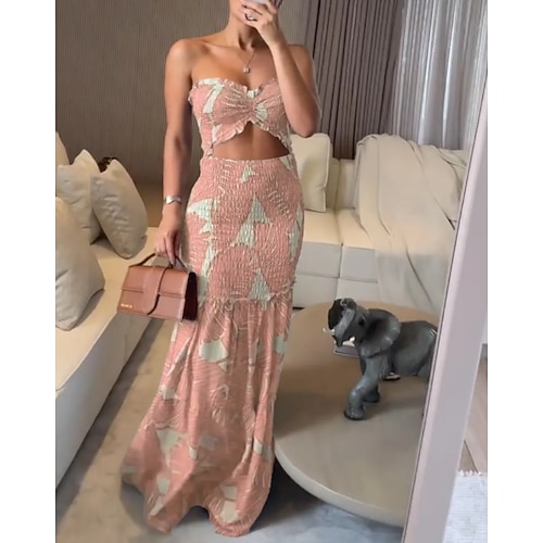 Per donna Abito Lungo Maxi Abito Attillato Abito con Collo Allacciato Abito arricciato Abito sexy Spiaggia Abito Estivo Vestibilità regolare Foglia Senza Maniche All'americana Blu Rosa Verde Estate