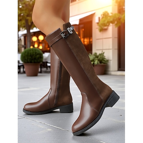 Damen Stiefel Bikerstiefel Outdoor Täglich Schnalle Reißverschluss Blockabsatz Runde Zehe Mode Spaziergang Kunstleder Kunstwildleder Reißverschluss Schwarz Braun Image