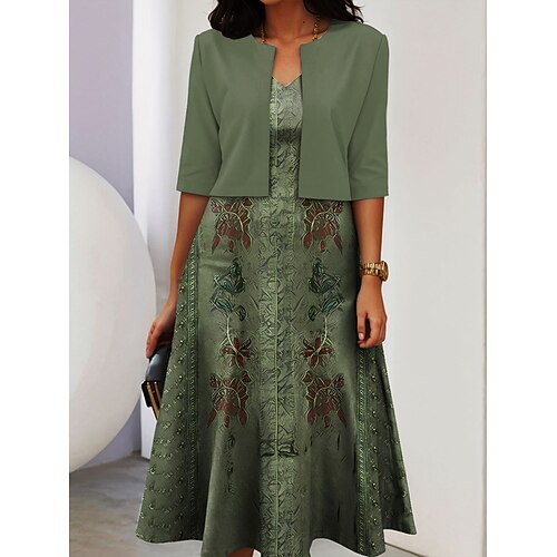 Damen Zwei-Teiler Kleid Sets Midi Kleid mit Jacke Elegantes A-Linien Kleid Halbarm Casual Semi Formal Ombre Grafikdruck V-Ausschnitt Date Schwarz Pink Rot Frühling Herbst Regelmäßige Passform Image